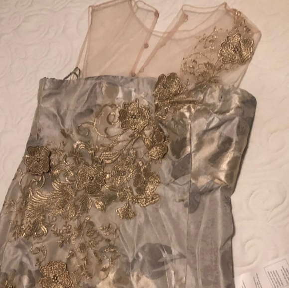 NWT Rickie Freeman Teri Jon silver shantung satin gold flowers applique gown 14 - Picture 4 of 5